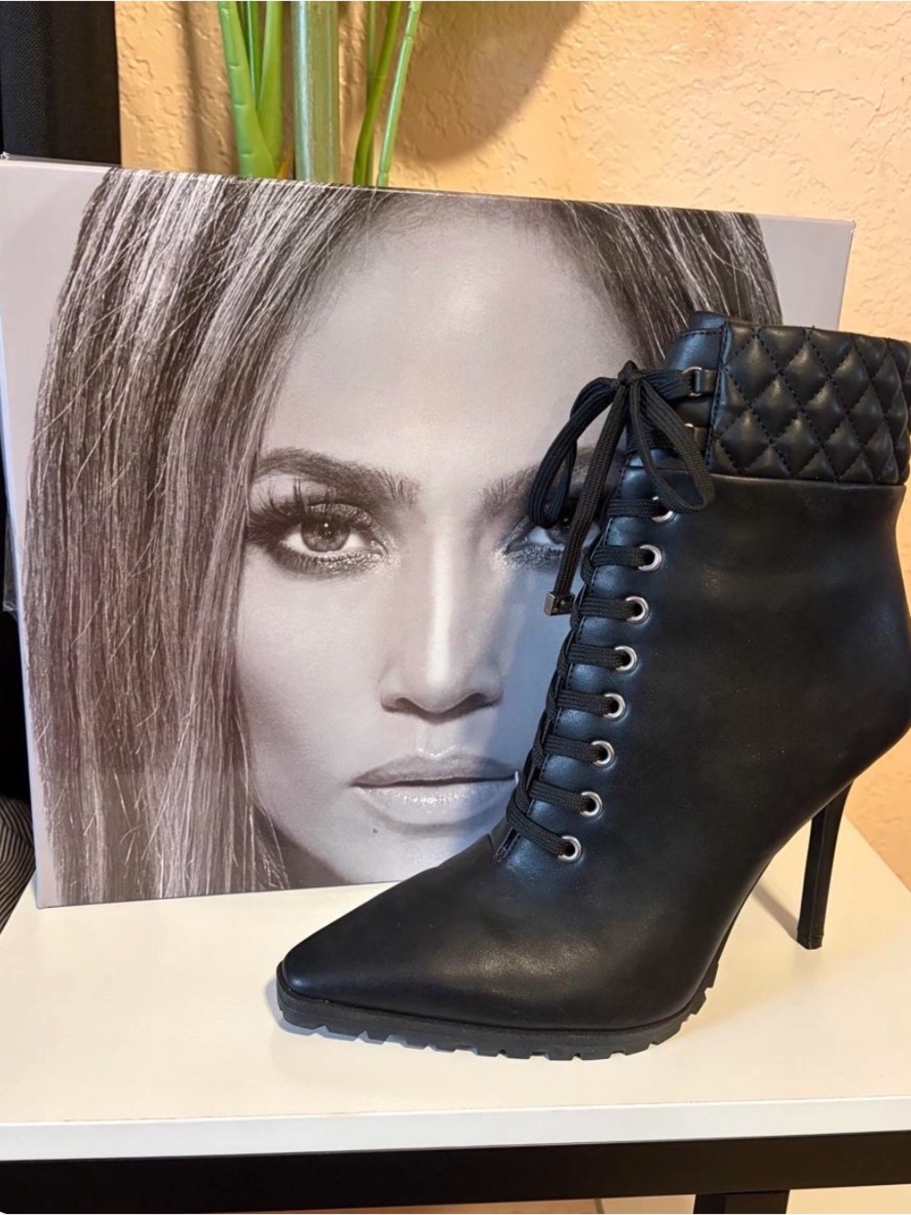 Jennifer Lopez Black Quilted Lace-Up Stiletto Ankle Bootie